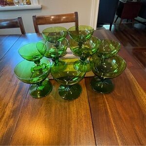 9 Vintage MCM Vibrant Green Glass Stemed Cocktail/Compote Glasses